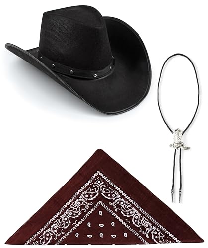 Edozos Texanischer Cowboyhut für Erwachsene, Paisley-Bandana + Stiefelspitze-Krawatte – Wilder Western-Sheriff, Country, Western-Rancher, Kostümparty, Kopfbedeckung, Accessoire (schwarzer Hut + von Edozos