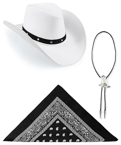 Edozos Texanischer Cowboyhut für Erwachsene, Paisley-Bandana + Stiefelspitze-Krawatte – Wilder Western-Sheriff, Country, Western-Rancher, Kostümparty, Kopfbedeckung, Accessoire (weißer Hut + schwarzes von Edozos