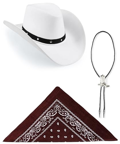 Edozos Texanischer Cowboyhut für Erwachsene, Paisley-Bandana + Stiefelspitze-Krawatte – Wilder Western-Sheriff, Country, Western-Rancher, Kostümparty, Kopfbedeckung, Accessoire (weißer Hut + braunes von Edozos