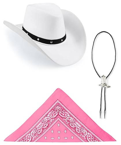 Edozos Texanischer Cowboyhut für Erwachsene, Paisley-Bandana + Stiefelspitze-Krawatte – Wilder Western-Sheriff, Country, Western-Rancher, Kostümparty, Kopfbedeckung, Accessoire (weißer Hut + rosa von Edozos