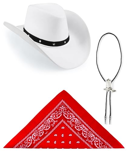 Edozos Texanischer Cowboyhut für Erwachsene, Paisley-Bandana + Stiefelspitze-Krawatte – Wilder Western-Sheriff, Country, Western-Rancher, Kostümparty, Kopfbedeckung, Accessoire (weißer Hut + rotes von Edozos