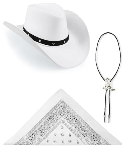 Edozos Texanischer Cowboyhut für Erwachsene, Paisley-Bandana + Stiefelspitze-Krawatte – Wilder Western-Sheriff, Country, Western-Rancher, Kostümparty, Kopfbedeckung, Accessoire (weißer Hut + weißes von Edozos