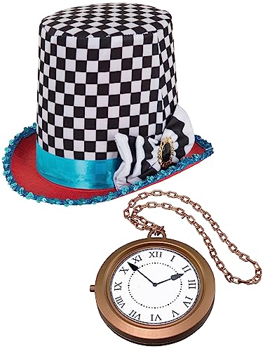 Edozos Unisex-Erwachsene Ofenrohr, verrückter Hutmacher, karierter Hut und Jumbo-Uhr-Medaillon – Märchenhaftes Alice im Wunderland Kostüm-Set von Edozos