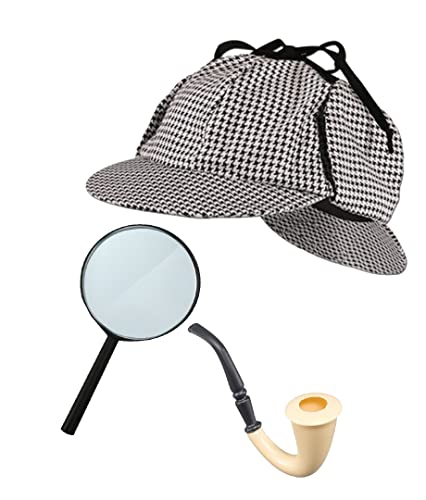 Edozos Viktorianischer Detektiv Sherlock Holmes Kostüm Zubehör Set Deerstalker Hut + Lupe + viktorianischen Look Pfeifendetektiv Kit, grau, One size von Edozos