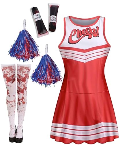 Edozos Zombie-Cheerleader-Kostüm für Damen, gruseliges Cheerleader-Kleid, Pompons, blutiger Strumpf & 2 künstliche Blutröhrchen, Halloween, Cosplay, Nachtparty, Verkleidung (M) von Edozos