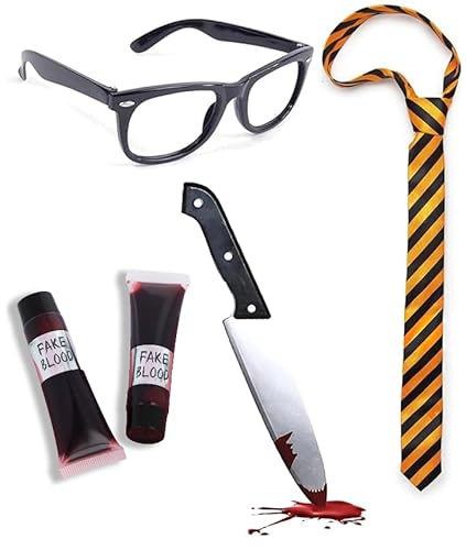 Edozos Zombie-Schulmädchen-Zubehör-Set für Erwachsene, Halloween, Horror, Brille, Krawatte, Messer-Requisite und 2 künstliche Blutröhrchen, gruseliges Nerd-Geek-Kostüm von Edozos