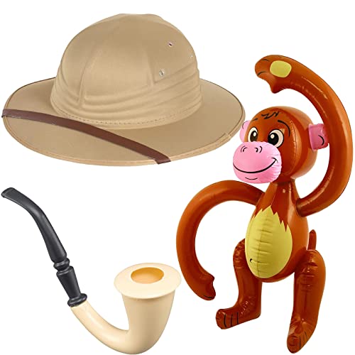 Erwachsene Safari Pith Helm Hut Entdecker Jäger Abenteurer Reisende Kostüm Zubehör Set ~ Dschungel Safari Hut + Räucherpfeife Requisite + aufblasbarer Affe, beige, Einheitsgröße Erwachsene Safari Pith Helm Hut Entdecker Jäger Abenteurer Reisende Kostüm Zubehör Set ~ Dschungel Safari Hut + Räucherpfeife Requisite + aufblasbarer Affe, beige, Einheitsgröße von Edozos