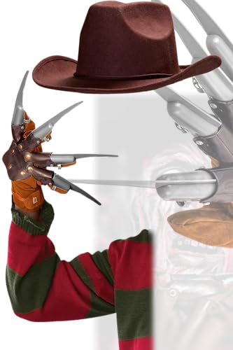 Freddy Krueger Kostüm für Erwachsene, Halloween, brauner Freddy-Hut + Klauenhandschuh, Alptraum auf ELM, Straßen-Horror, Cosplay, Kostüm, Zubehör von Edozos