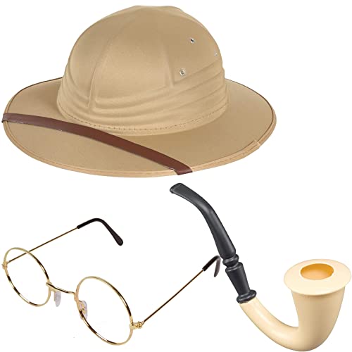 Herren Damen Safari Pith Helm Hut + Round Frame Glasses + Fake Smoking Pipe - Dschungel Safari Abenteurer Entdecker Jäger Reisende Kostümzubehör, beige, Einheitsgröße Herren Damen Safari Pith Helm Hut + Round Frame Glasses + Fake Smoking Pipe - Dschungel Safari Abenteurer Entdecker Jäger Reisende Kostümzubehör, beige, Einheitsgröße von Edozos