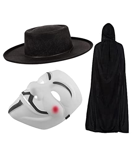 V for Vendetta Guy Fawkes Kostüm Kit | Anonymous Hacker Maske + Schwarzer Kapuzenumhang + Hut für Erwachsene Unisex Halloween Karneval Party Kleid Zubehör, schwarz / weiß, Einheitsgröße von Edozos