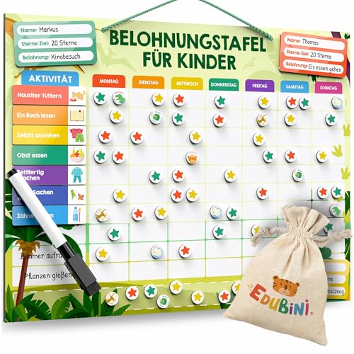 Belohnungstafel für Kinder - [100 AUFGABEN + 350 MAGNETE] - Belohnungssystem für Verantwortung - Montessori Magnettafel, Wochenplaner Kinder, ADHS Hilfsmittel - inkl. Tasche, Stift (Dinosaurier) von Edubini