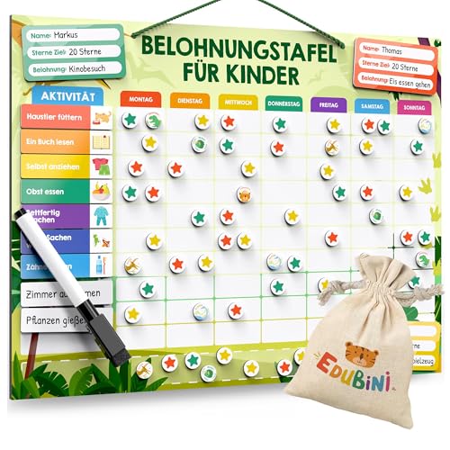 Belohnungstafel für Kinder - [100 AUFGABEN + 350 MAGNETE] - Belohnungssystem für Verantwortung - Montessori Magnettafel, Wochenplaner Kinder, ADHS Hilfsmittel - inkl. Tasche, Stift (Dinosaurier) von Edubini