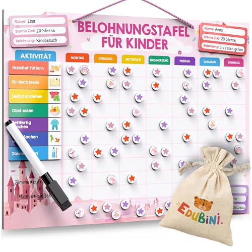 Belohnungstafel für Kinder - [100 AUFGABEN + 350 MAGNETE] - Belohnungssystem für Verantwortung - Montessori Magnettafel, Wochenplaner Kinder, ADHS Hilfsmittel - inkl. Tasche, Stift (Prinzessin) von Edubini