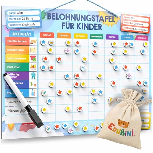 Edubini Belohnungstafel für Kinder - [100 AUFGABEN + 350 Magnete] - Belohnungssystem für Verantwortung - Montessori Magnettafel, Wochenplaner Kinder, ADHS Hilfsmittel - inkl. Tasche, Stift (Weltraum) von Edubini