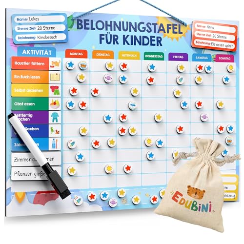 Edubini Belohnungstafel für Kinder - [100 AUFGABEN + 350 Magnete] - Belohnungssystem für Verantwortung - Montessori Magnettafel, Wochenplaner Kinder, ADHS Hilfsmittel - inkl. Tasche, Stift (Weltraum) von Edubini