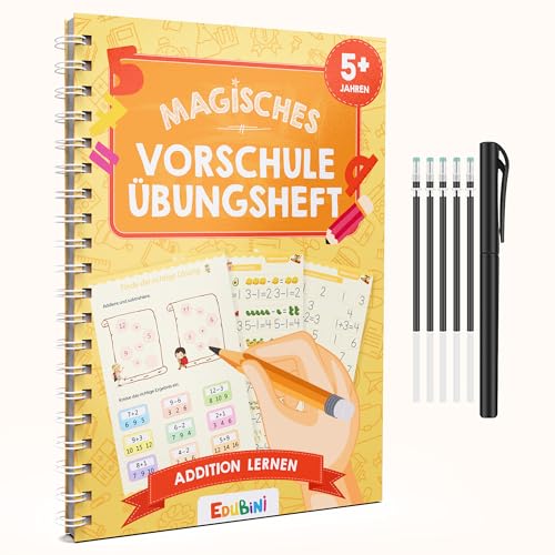 Edubini Magische Vorschule Übungshefte ab 5 Jahren für Junge & Mädchen - [HEFT + STIFT] - Wiederverwendbare Schreiblernhefte für Vorschule - Addition lernen von Edubini