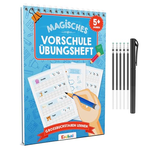 Edubini Magische Vorschule Übungshefte ab 5 Jahren für Junge & Mädchen - [HEFT + STIFT] - Wiederverwendbare Schreiblernhefte für Vorschule - Buchstaben lernen von Edubini