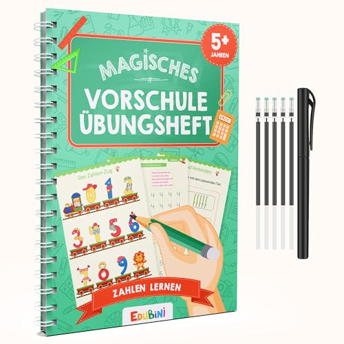 Edubini Magische Vorschule Übungshefte ab 5 Jahren für Junge & Mädchen - [HEFTE + STIFT] - Wiederverwendbare Schreiblernhefte für Vorschule - Zahlen lernen von Edubini