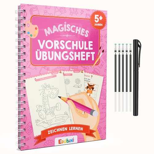 Edubini Magische Vorschule Übungshefte ab 5 Jahren für Junge & Mädchen - [HEFTE + STIFT] - Wiederverwendbare Schreiblernhefte für Vorschule - Zeichnen lernen von Edubini