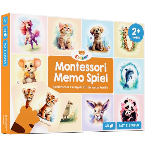 Edubini Montessori Memo Spiel ab 2 Jahren - [48 Karten] - Fördert Sprach- und Gedächtnisentwicklung - Montessori Spielzeug mit Affirmationen, Lernspiele für Kinder, Kinderspielzeug (8 Spielstufen) von Edubini