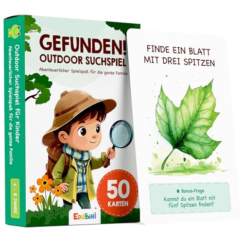 GEFUNDEN! Outdoor Suchspiel für Kinder ab 4 Jahren - [50 Karten] - Outdoor Spiele für Draußen, Schatzsuche, Garten, Spaziergänge & Wald - Outdoor Spielzeug Geschenk für Jungen & Mädchen (Outdoor) von Edubini