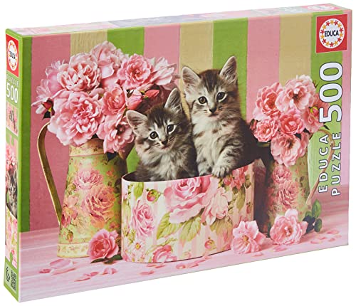 Educa 17960, Kätzchen und Rosen, 500 Teile Puzzle für Erwachsene und Kinder ab 10 Jahren, Katzenbaby, Tierpuzzle von Educa