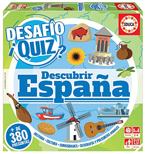 Educa Borrás Desafío Quiz Descover Spanien, Familien-Brettspiel mit 380 Fragen der Geschichte, Traditionen, Berge usw., ab 6 Jahren, (18217), Farbe/Modell Sortiert von Educa