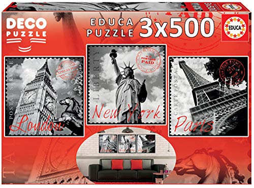 Educa 17096, Große Städte, 3x500 Teile Deko Puzzle für Erwachsene und Kinder ab 10 Jahren, Puzzelset, London, New York, Paris von Educa