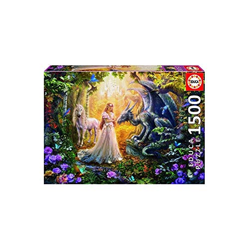 Educa 17696, Magische Lichtung, 1500 Teile Puzzle für Erwachsene und Kinder ab 12 Jahren, Einhorn, Drache, Prinzessin, Fantasy von Educa