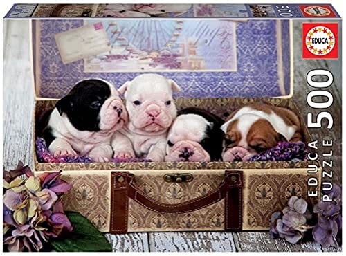 Educa 19007, Welpen im Koffer, 500 Teile Puzzle für Erwachsene und Kinder ab 10 Jahren, Französische Bulldogge, Tierpuzzle von Educa