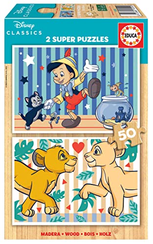 Educa 19290, Disney Klassiker, 2 x 50 Teile Holzpuzzleset für Kinder ab 4 Jahren, Pinocchio, König der Löwen von Educa