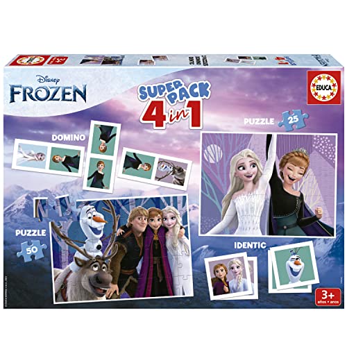 Educa - Die Eiskönigin Superpack 4in1, inkl. Domino, Memo Spiel und 2 Puzzles, für Kinder ab 3 Jahren, Disney, Frozen (19737) von Educa