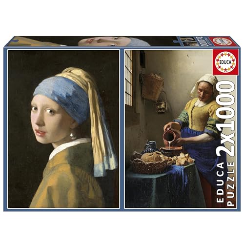 Educa 2 Puzzles mit 1000 Teilen für Erwachsene | Die Junge Perle + Milchkännchen, Johannes Vermeer, inklusive Kleber Fix Puzzle, Maße: 48 x 68 cm, ab 14 Jahren (20309) von Educa