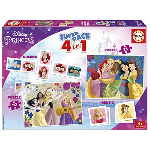 Educa - Disney Prinzessinnen Superpack 4in1, inkl. Domino, Memo Spiel und 2 Puzzles, für Kinder ab 3 Jahren (19683) von Educa