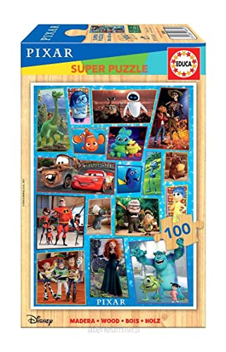 Educa 18881, Disney Pixar Collage, 100 Teile Holzpuzzle, Puzzle für Kinder ab 4 Jahren, Findet Nemo, Monster AG, Merida, Cars von Educa