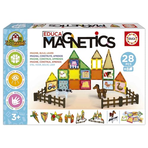 Educa - Magnetics Ecofarm | Pädagogisches magnetisches 3D-Konstruktionsspiel mit 28 Teilen für Kinder. Enthält 2 Tiere und 8 Karten. Baue geometrische Figuren. Ab 3 Jahren (20269) von Educa