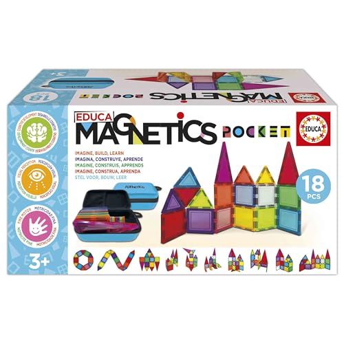 Educa Magnetics | Etui mit 18 Magnetblöcken, 3D-Bausteine für Kinder, enthält 2 Tiere und 8 Karten, Baue geometrische Figuren, ab 3 Jahren (20271) von Educa