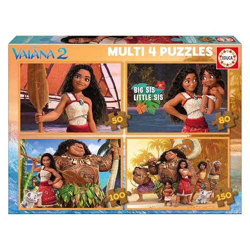 Educa Vaiana Set mit 4 progressiven Kinderpuzzles mit 50 bis 150 Teilen mit Bildern von Moana 2. Maße: 34 x 24 cm. Empfohlen ab 3 4 5 Jahren (20104), Varié von Educa