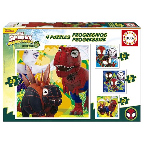 Educa Set mit 4 progressiven Puzzles für Kinder, 12 bis 25 Teile, Dino-Spidey, Maße: 16 x 16 cm, ab 3 Jahren (20343) von Educa