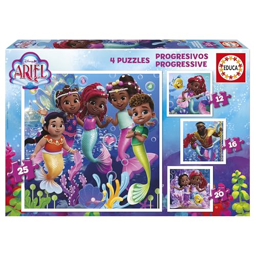 Educa Set mit 4 progressiven Puzzles für Kinder, 12 bis 25 Teile, progressives Ariel, Maße: 16 x 16 cm, ab 3 Jahren empfohlen (20342) von Educa