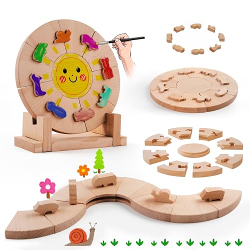 Bausteine Holz für Kinder ab 3, Verdick Buche Holzpuzzles Holzbausteine 2 in 1, DIY Malerei Kreative Rund Bauklötze mit Ständ, Montessori Lernspielzeug ab 2 4 5, 3D Puzzle für Vorschule Jungen Mädchen von Edyfico