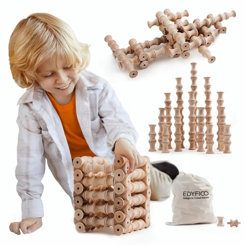 Edyfico Hölzernes Konstruktionsspielzeug für Kleinkinder- 120PCS STEM Spielzeug Sets Stacking bauklötze, Lernen Montessori Spielzeug für Kinder ab 3 Jahren, Lernspielzeug mit Canvas Storage Bag von Edyfico