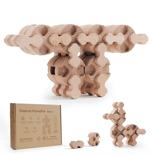 Edyfico Konstruktionsspielzeug für Kinder, Holz STEM Bauklotzspielzeug Set mit 50 Stück, multifunktionale bauklötze ab 3 Jahre, kreative Vorschulkinder Spielzeug, Lernspielzeug Geschenk für Jungen von Edyfico