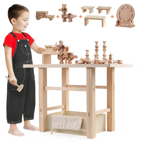 Holzwerkbank für Kinder｜Robuste Kinder Spielwerkbank Set, Kinderwerkbank mit 4 Set Montessori Spielzeug ab 3 Jahre, Werkstatt für Kinder ab 3 4 5 Jahren, Lernspielzeug Weihnachten Geschenk von Edyfico