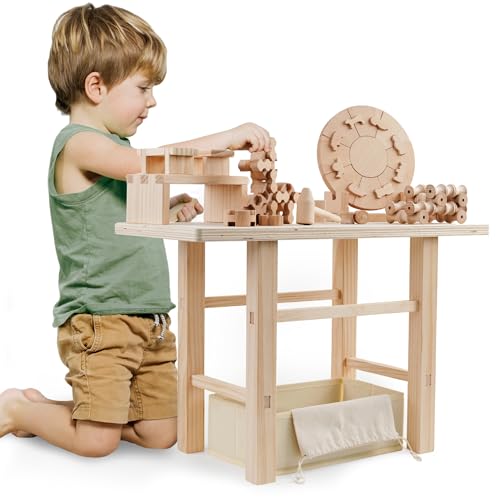 Holzwerkbank für Kinder｜Robuste Kinder Spielwerkbank Set, Kinderwerkbank mit 4 Set Montessori Spielzeug ab 3 Jahre, Werkstatt für Kinder ab 3 4 5 Jahren, Lernspielzeug Weihnachten Geschenk von Edyfico