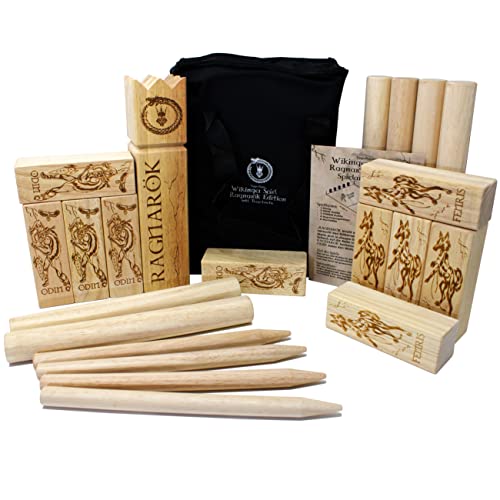 Eggcellence© Wikinger Kubb Ragnarök Edition - Spiele als Odin oder FENRIS - Schwedenschach aus Gummibaum Holz - Kubb Spiel Outdoor Holz original von Eggcellence