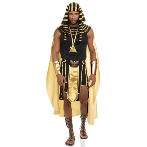 Ägyptisches Herren-Kostüm-Set, goldene Oberteile, Rock, Armärmel, Kopfbedeckung, Halskette, Halloween, Cosplay, Outfits (Schwarz, L) von Eghunooye