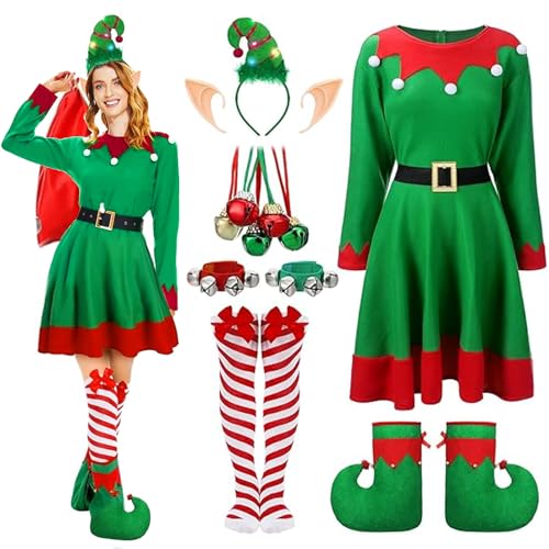 Eghunooye 12 Pack Women Christmas Elf Costume Set Santa's Helper Costume with Accessory Kit Xmas Festive Cosplay Outfit (12pcs, XXL) von Eghunooye