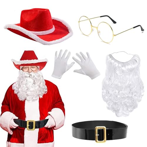 Eghunooye 5 Stück Weihnachtsmann Kostüm Zubehör Weihnachtsmann Bart Cowboy Hut Brille Handschuhe Gürtel Set Weihnachten Weihnachtsmann Kostüm (bunt, 5 Stück) von Eghunooye