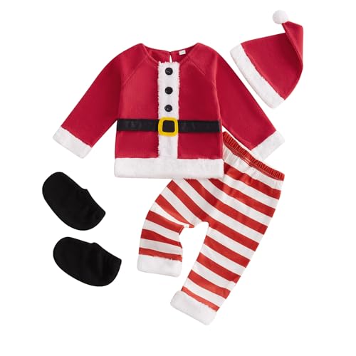 Eghunooye Baby-Weihnachtsoutfit für Jungen und Mädchen, Weihnachtsmann-Kostüm, gestreifte Hose, Hut, Schuhüberzüge, Weihnachten, Baby, Cosplay, Kostüm, Rot, 3–6 Monate von Eghunooye